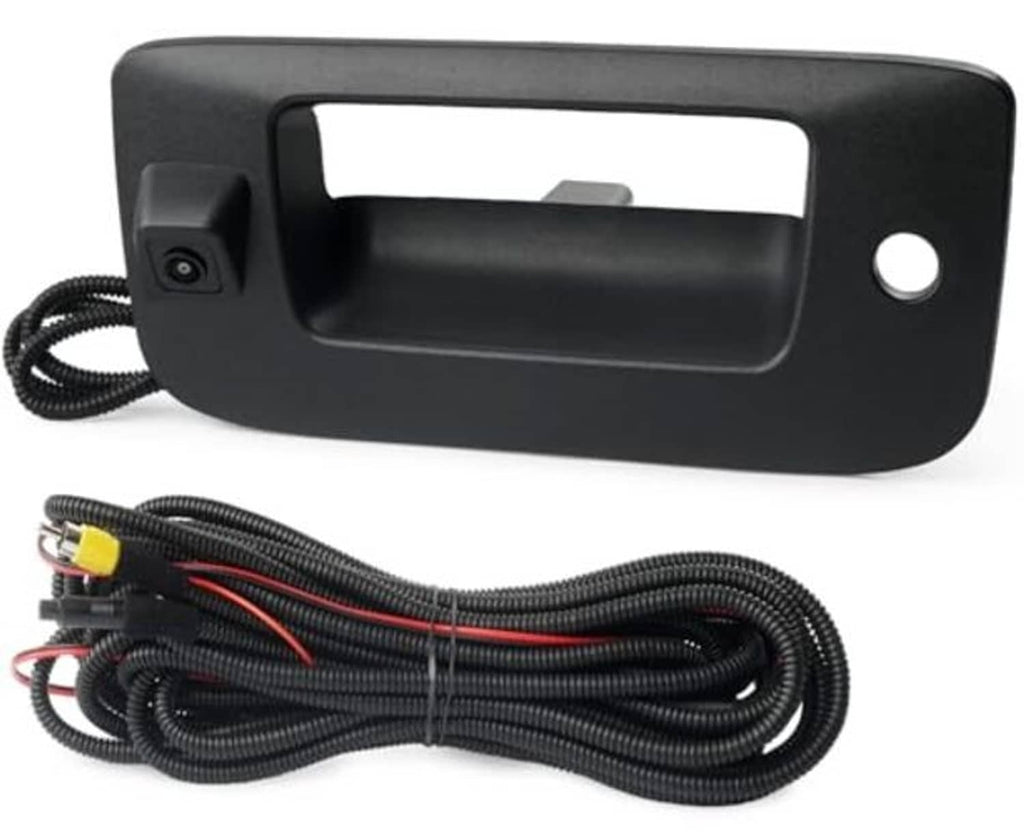 Black tailgate handle backup camera with corner lens and coiled cable harness