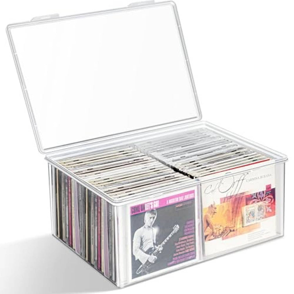 Clear plastic CD organizer with lid open; CDs visible along the front edge