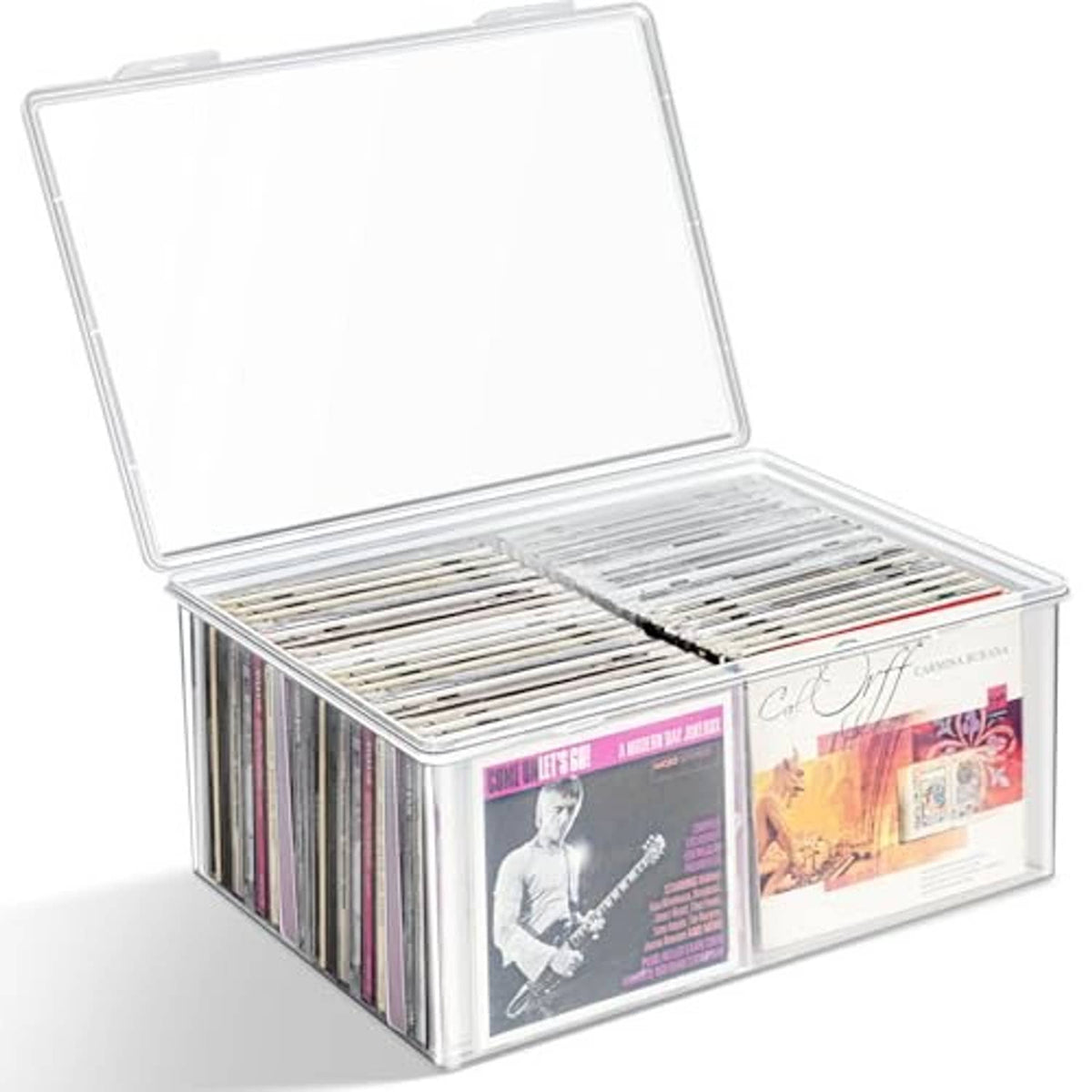Clear plastic CD organizer with lid open; CDs visible along the front edge