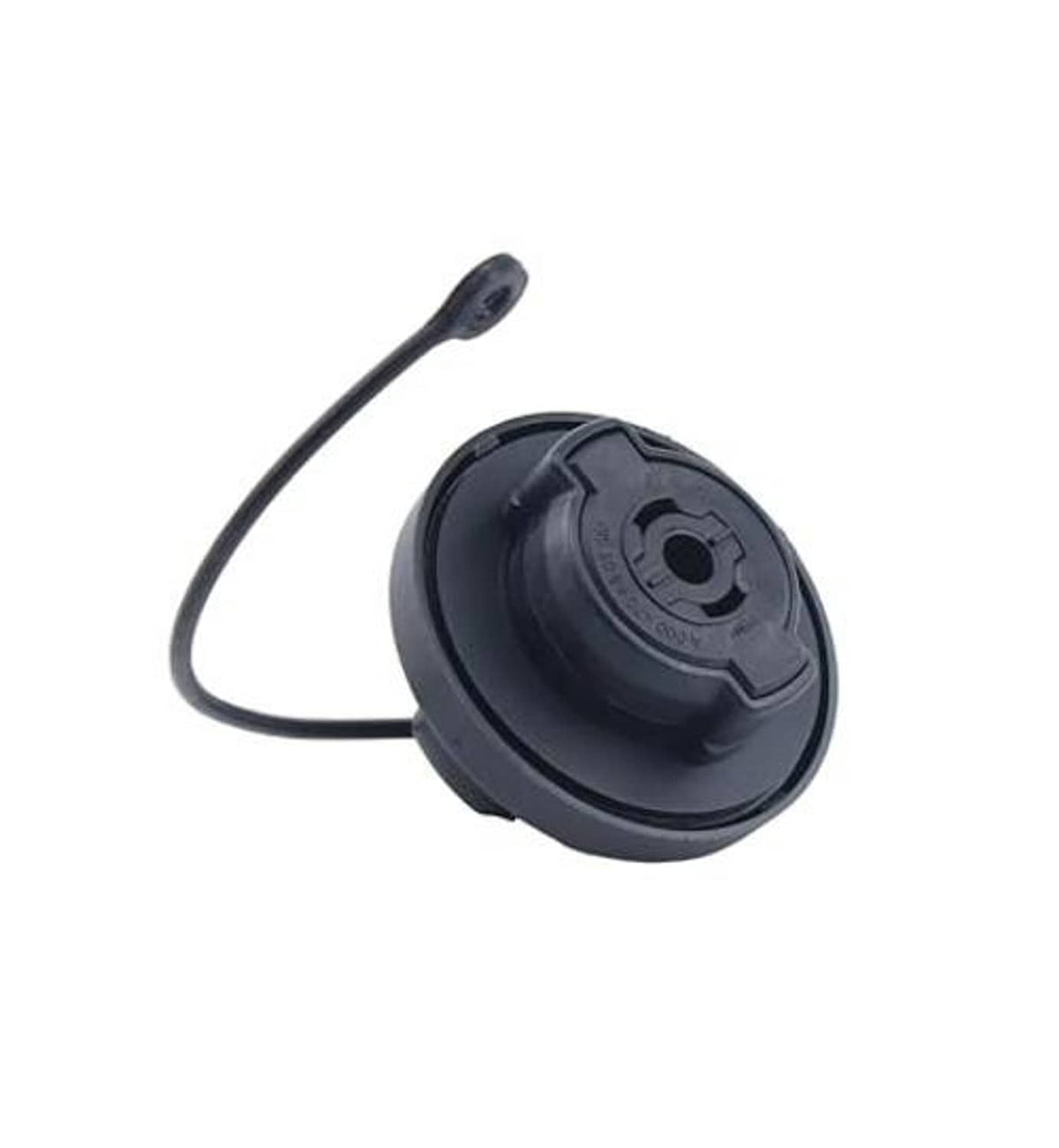 Diesel fuel tank filler cap with tether showing top housing and center opening