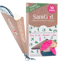SaniGirl disposable female urine funnel 10-pack box with beige funnel pouch.