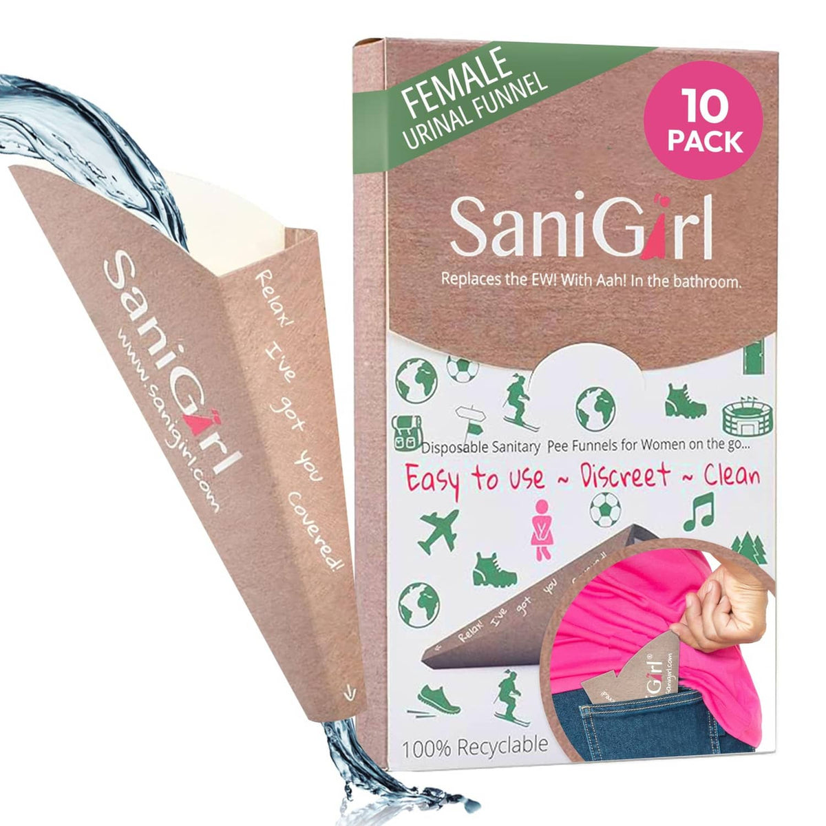 SaniGirl disposable female urine funnel 10-pack box with beige funnel pouch.