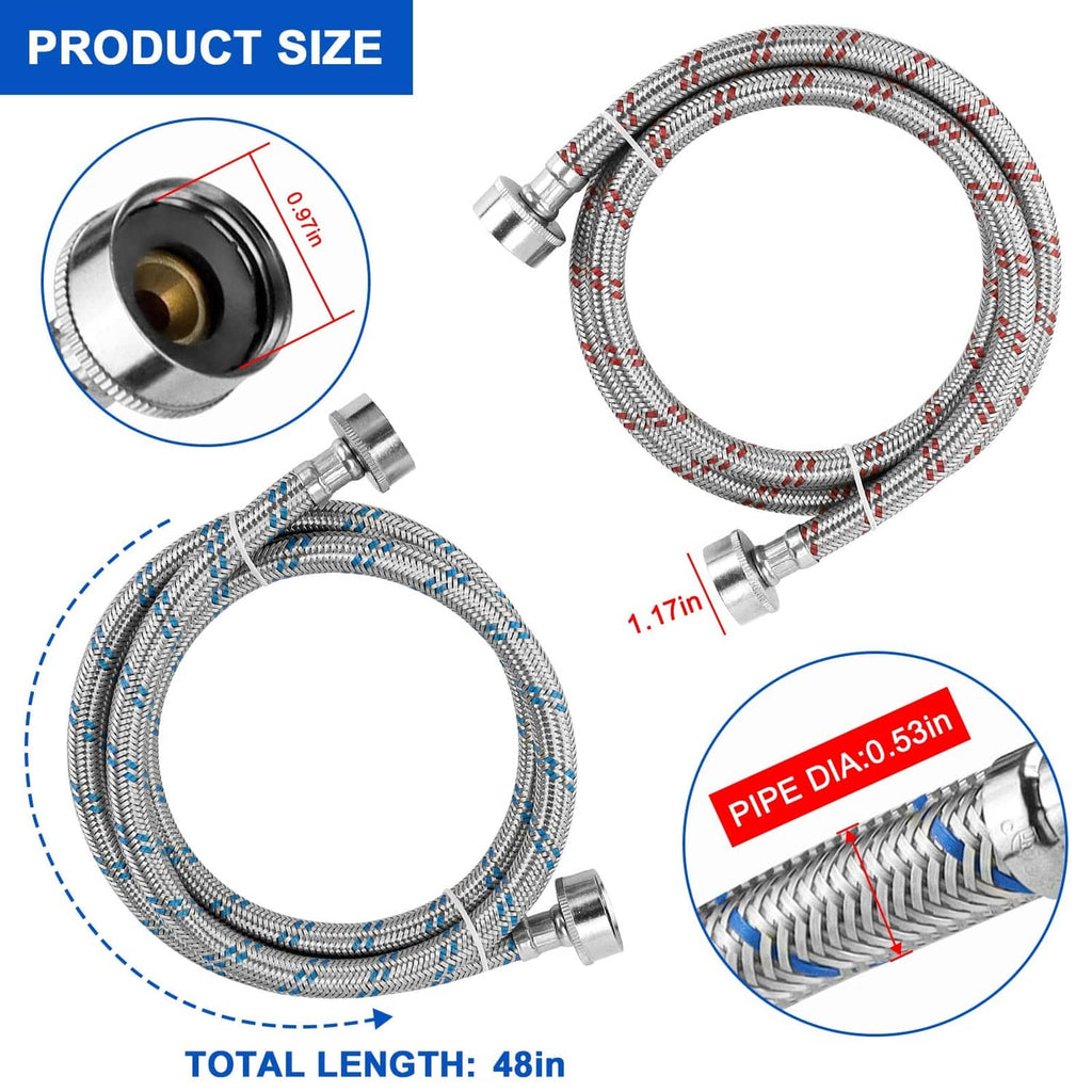 Braided stainless steel washing machine hoses with metal fittings, 48 in total length