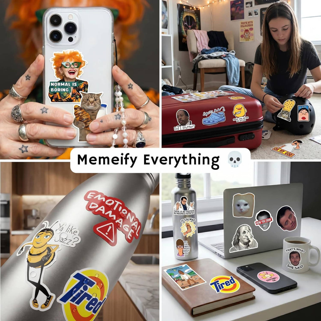 Laptop and phone accessories with colorful meme stickers, including cartoon faces and text