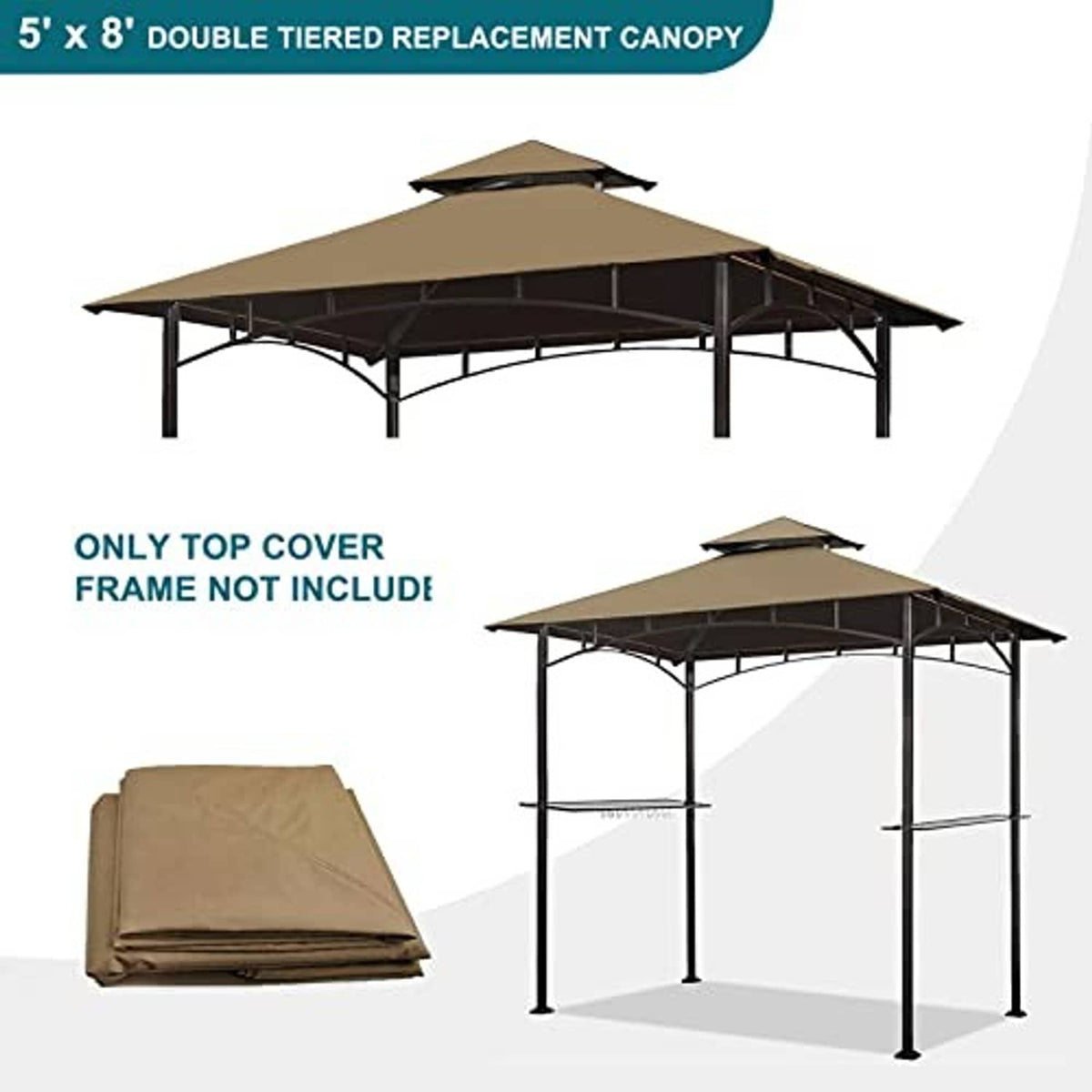 Khaki double-tier gazebo canopy top shown assembled and with folded cover fabric