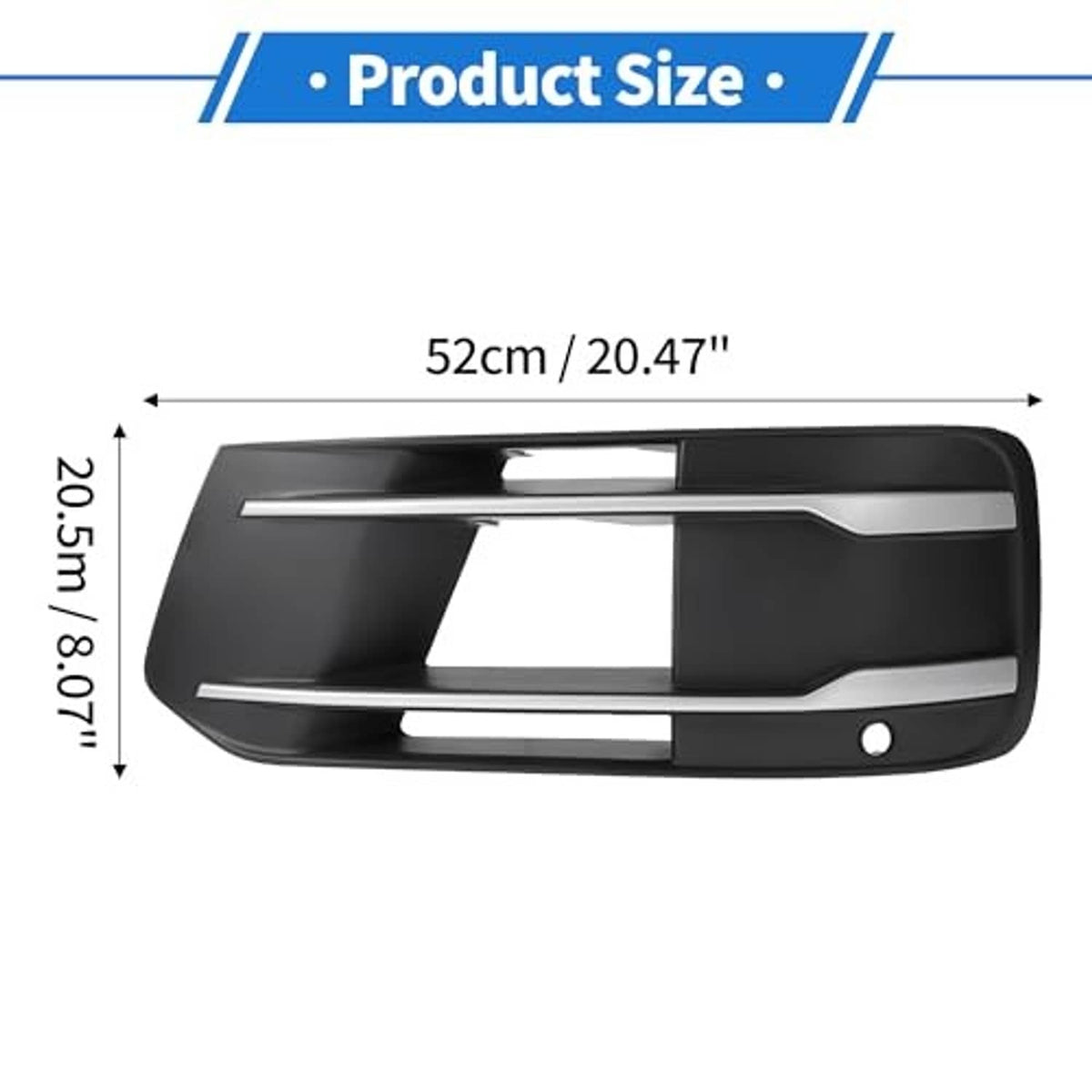 Black fog light grill cover with chrome trim bars and round mounting hole