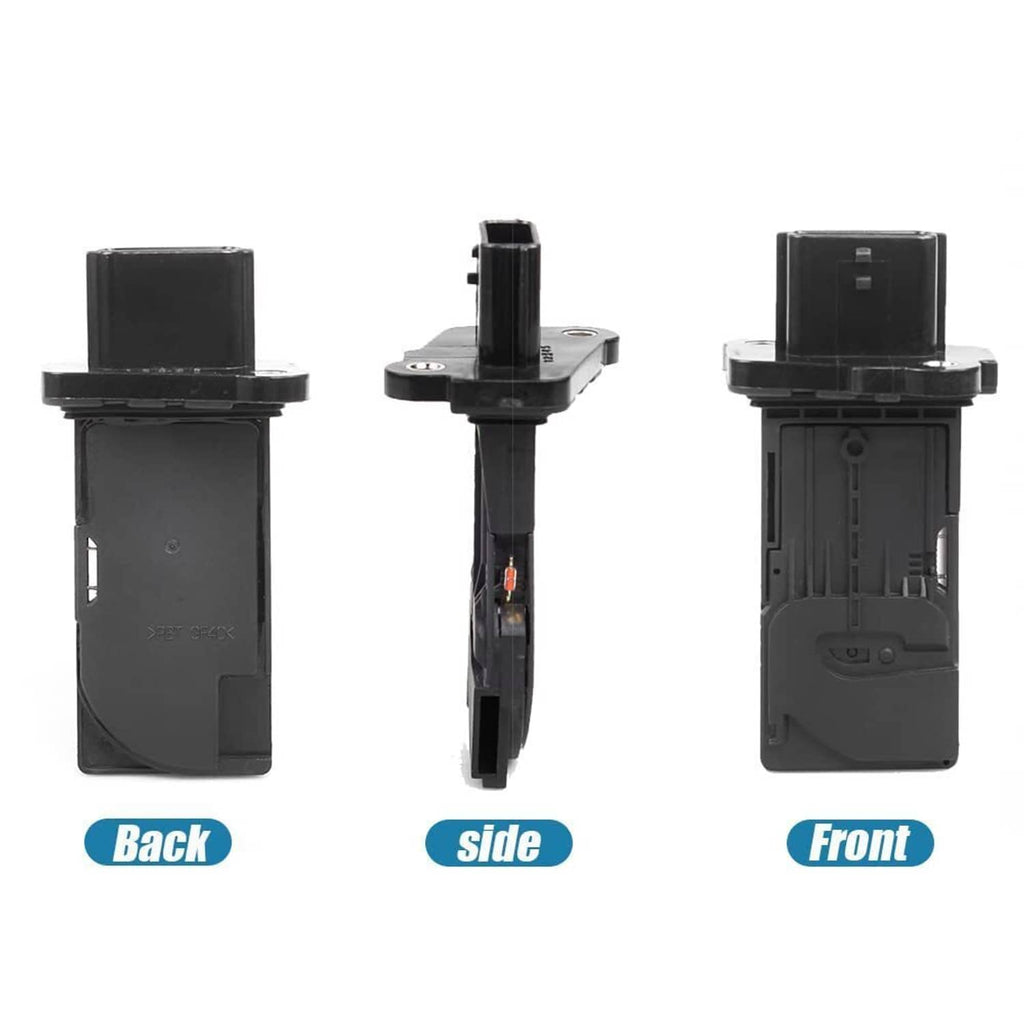 Black mass air flow sensor meter with connector, shown from back, side, and front