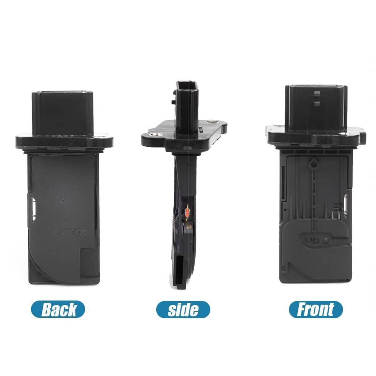 Black mass air flow sensor meter with connector, shown from back, side, and front