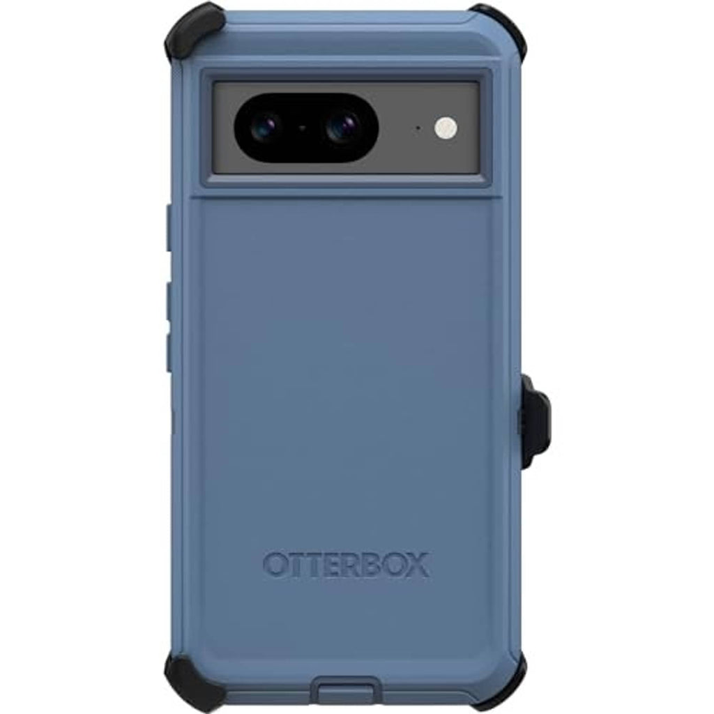 Blue OtterBox Pixel 8 case with black bumper edges and camera cutout