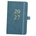Teal pocket planner with gold “20 27” cover text, weekly and monthly planner