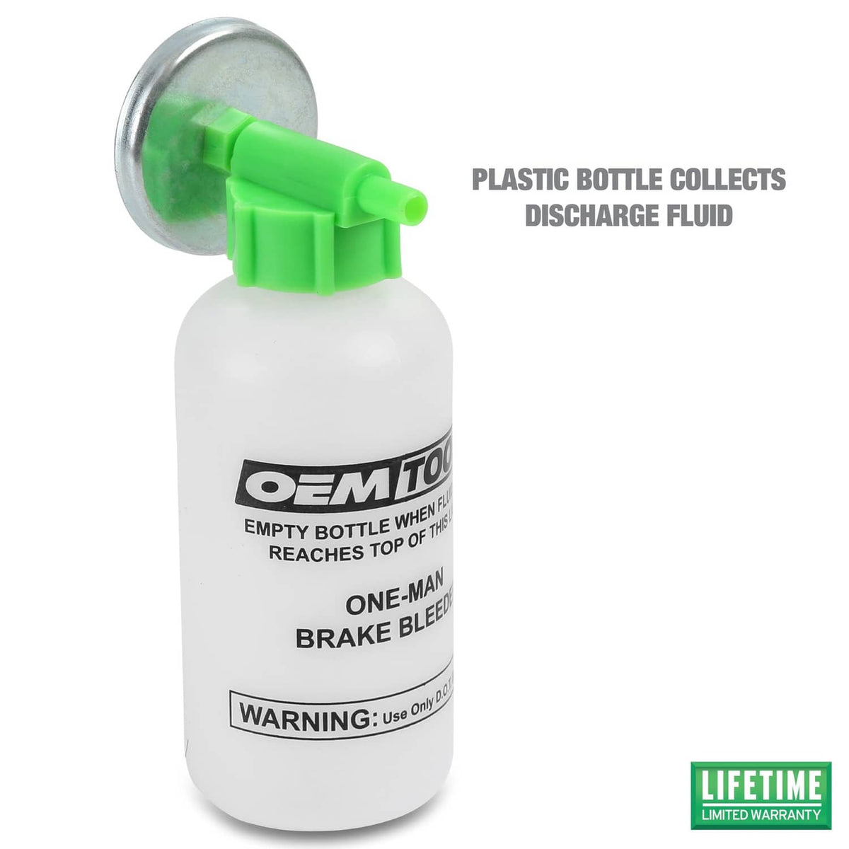 Brake bleeder bottle with green clamp and cap collector for discharge fluid