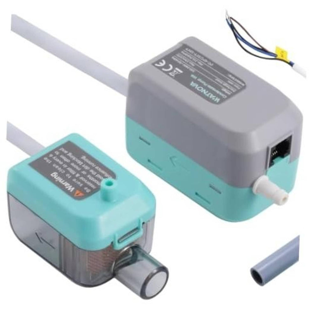 Light gray and teal mini split condensate pump with outlet tube and power wire connection.