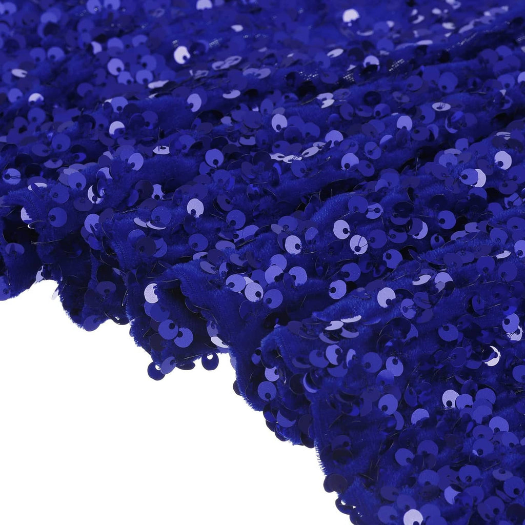 Bright blue sequin fabric with densely packed round sequins, ruched texture