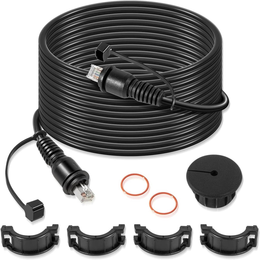 Black 25 ft marine RJ45 Ethernet cable with male connectors and split waterproof caps