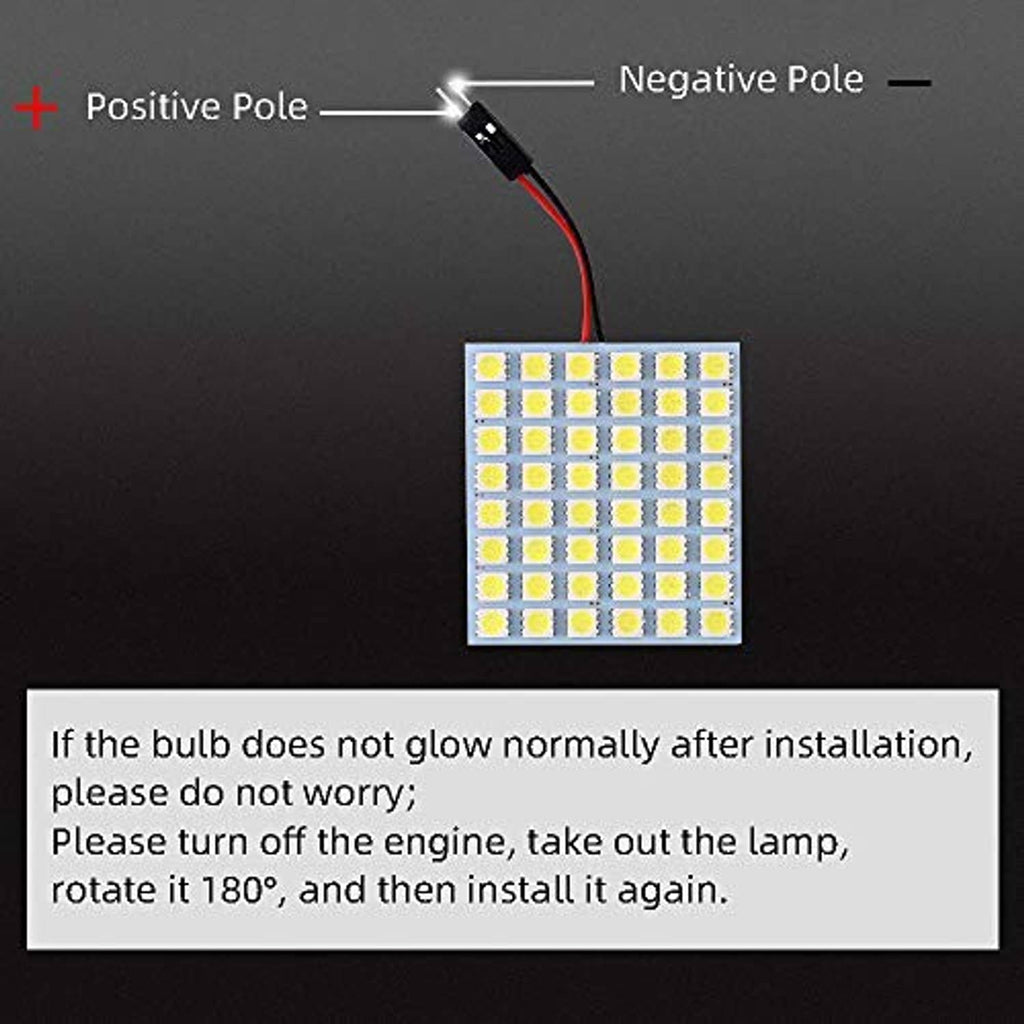 Square white LED panel with red and black wires, polarity ends indicated