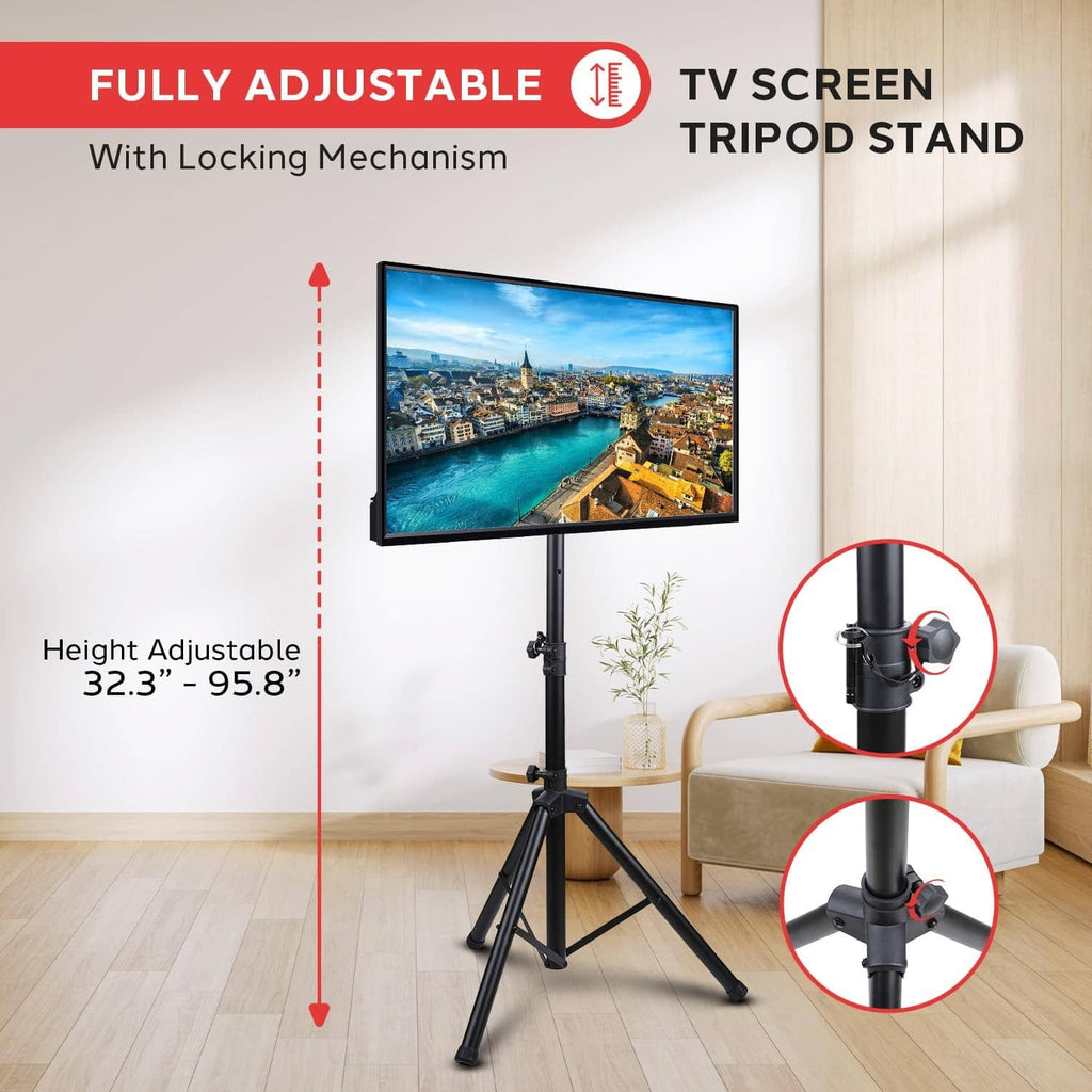 Fully assembled TV tripod stand with central height pole and mount bracket, black
