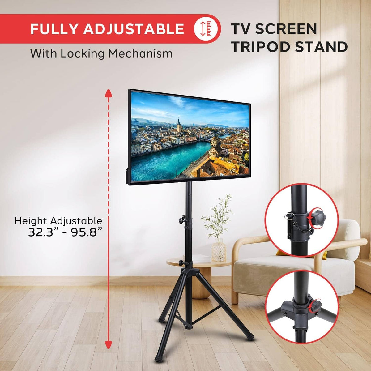 Fully assembled TV tripod stand with central height pole and mount bracket, black