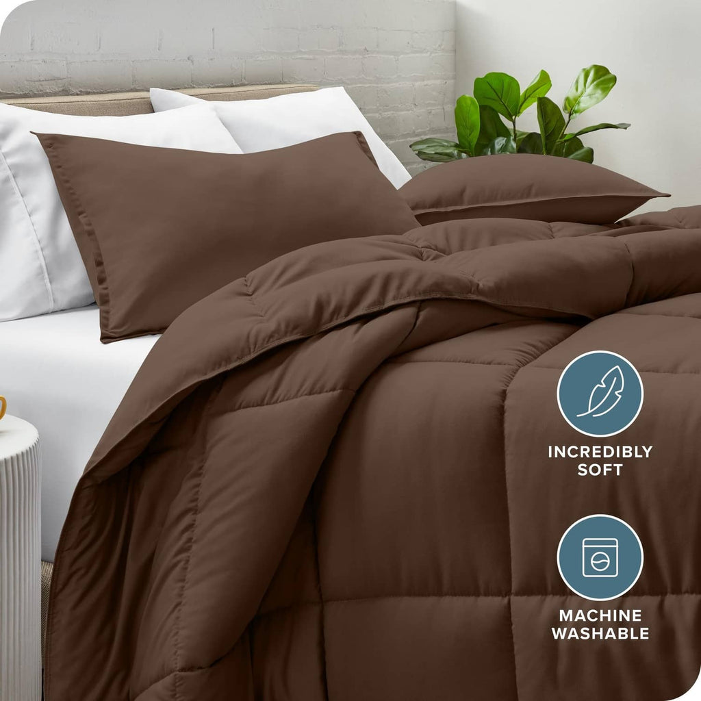 Cocoa brown comforter with stitched baffle panels and two pillow shams