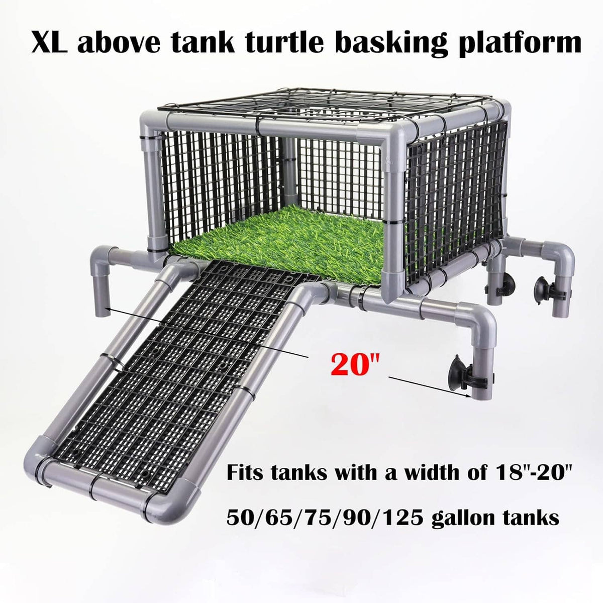 XL turtle basking platform with long ramp, black non-slip grid, and gray frame