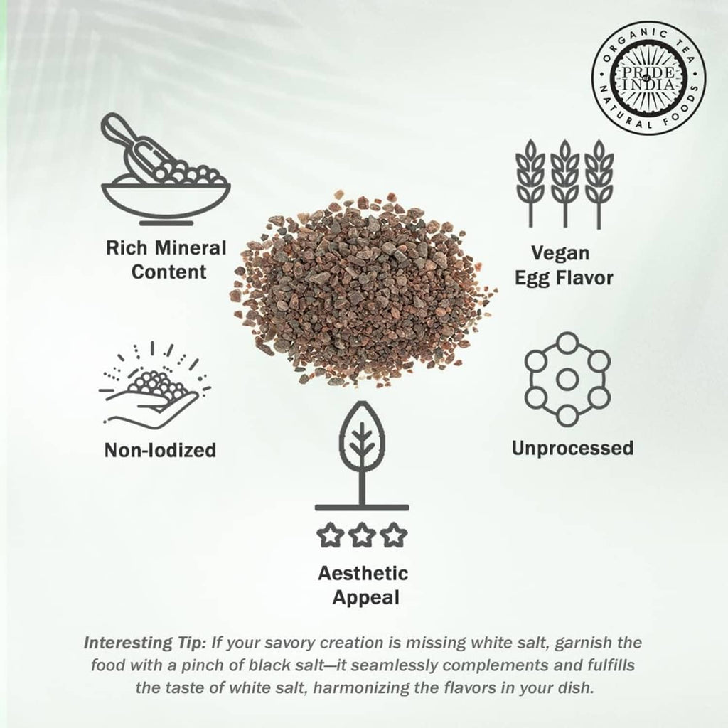Mound of dark black salt crystals with icons for mineral content, vegan egg flavor, unprocessed