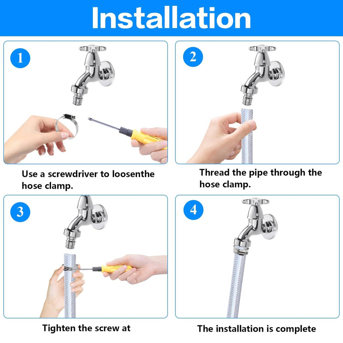 Stainless steel hose clamp installation steps, clamp bands shown tightening on a hose