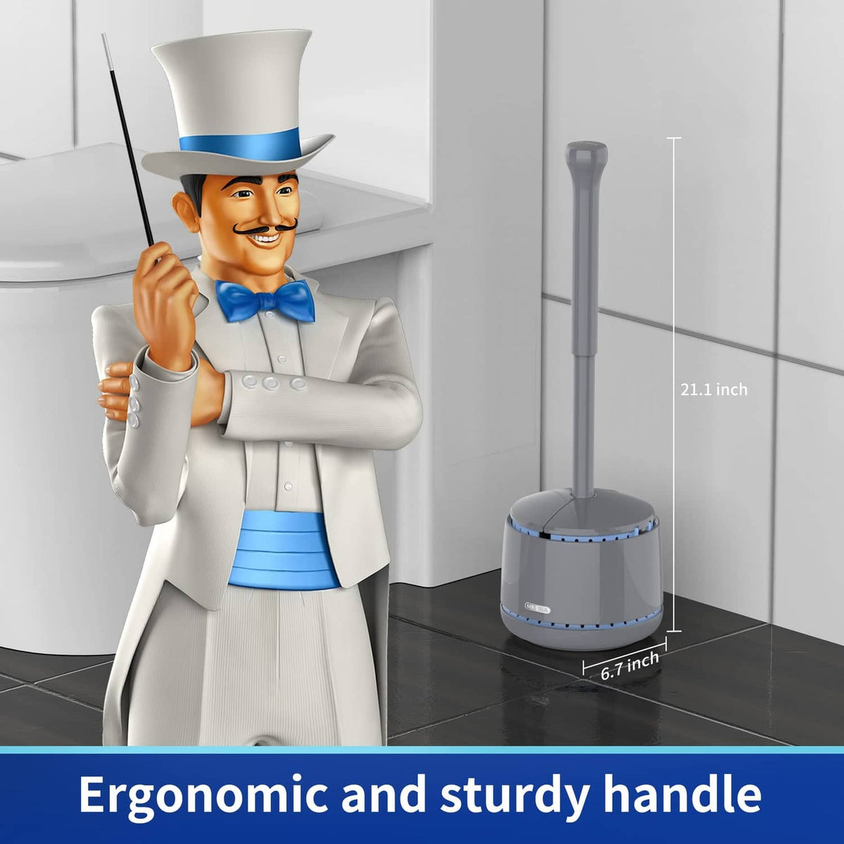 MR.SIGA toilet plunger with holder, gray handle and blue-rim base