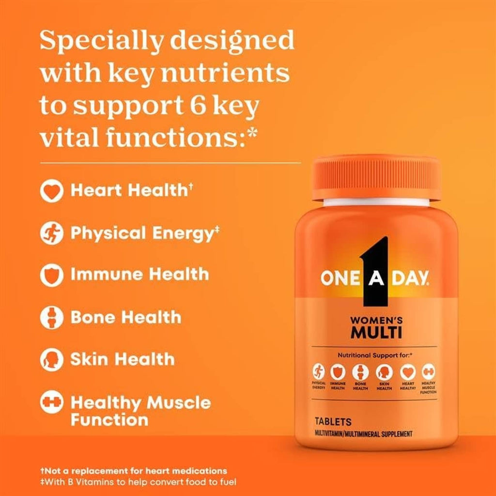 Orange women’s multivitamin bottle with supplement icons and tablets label