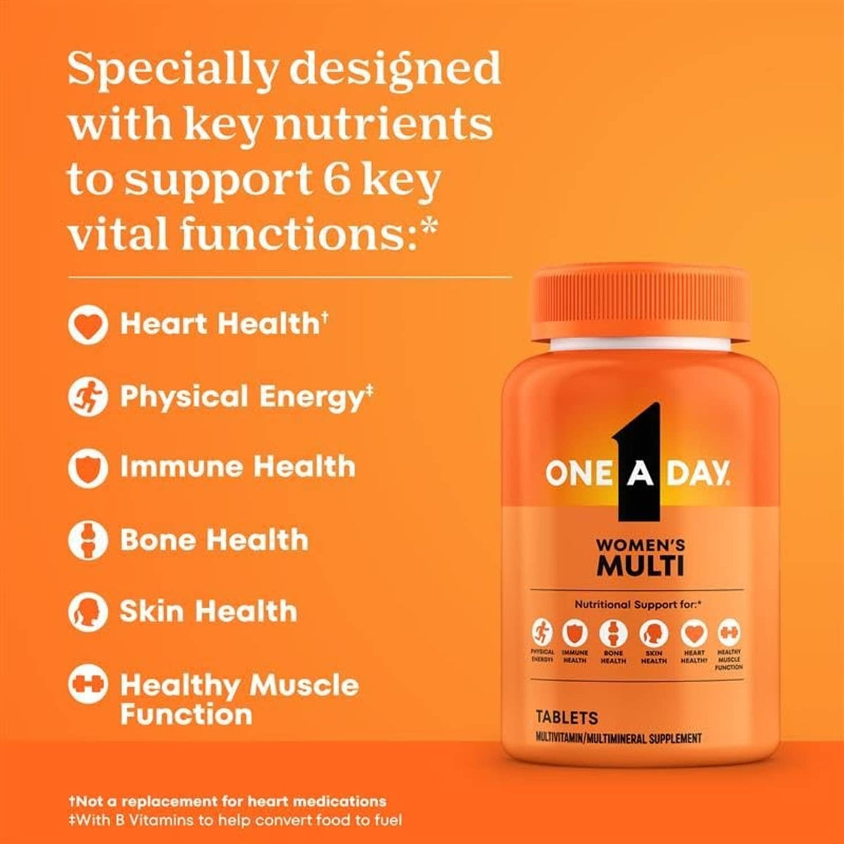 Orange women’s multivitamin bottle with supplement icons and tablets label