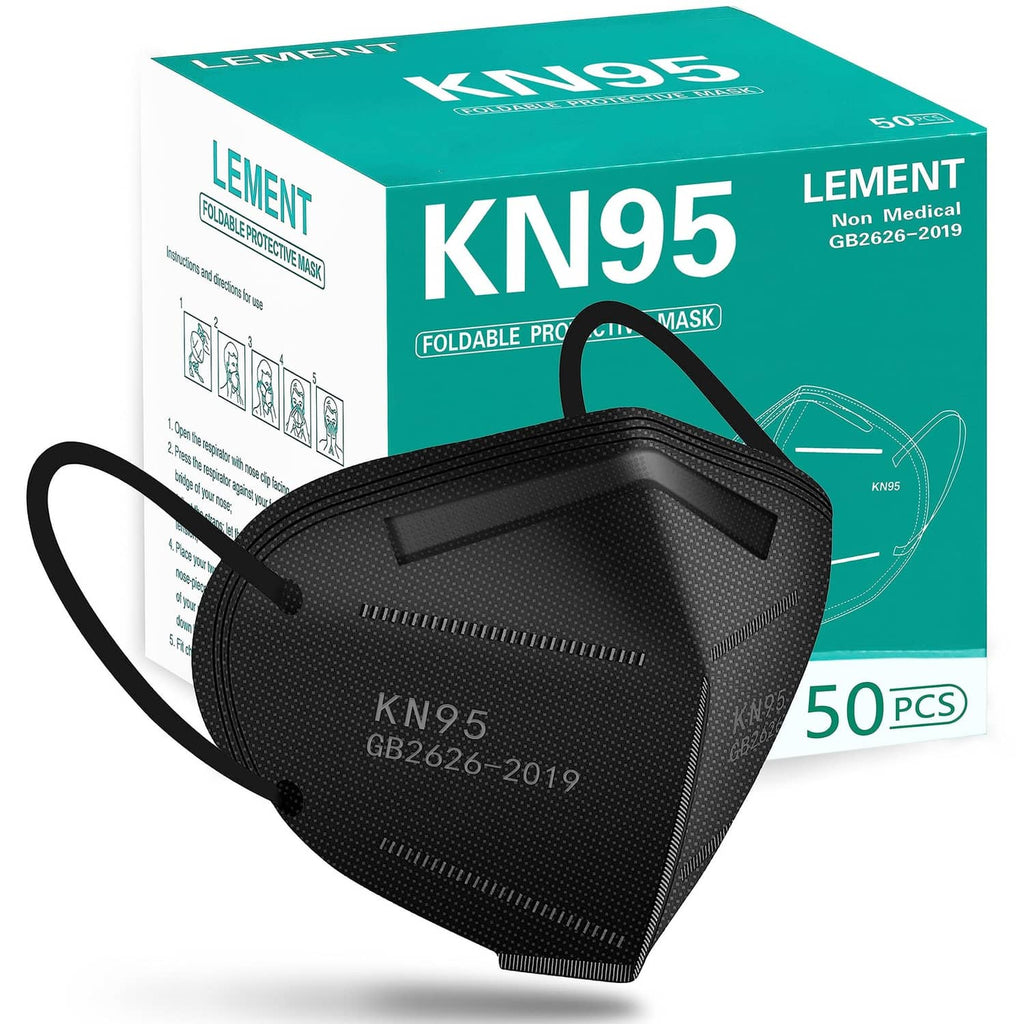Black KN95 face mask with ear loops and nose clip; 50-pack box