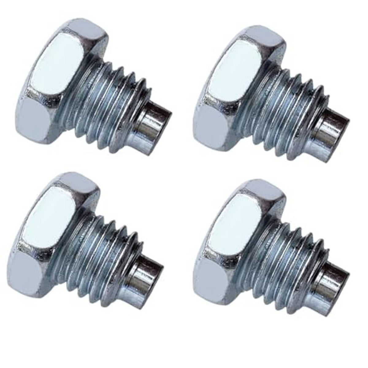 Set of four silver hex-head bolts on white background