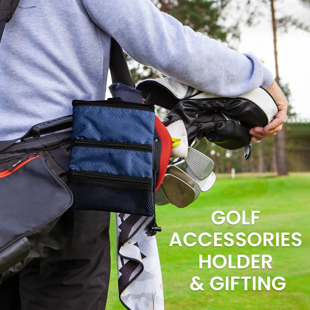 Blue golf pouch bag attached to golf bag for storing accessories and valuables