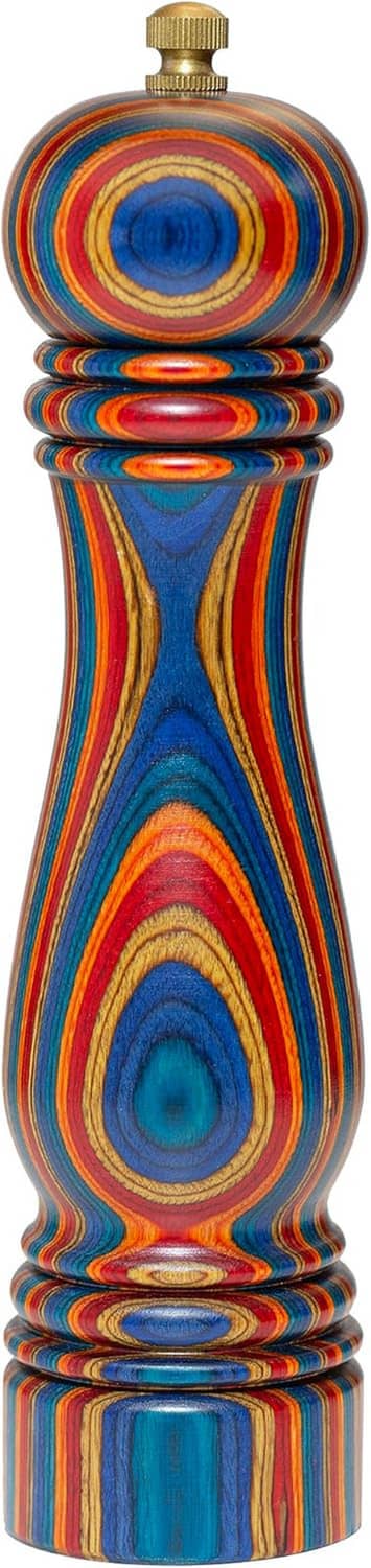 Colorful wooden pepper grinder with swirling multicolor body and brass-toned top
