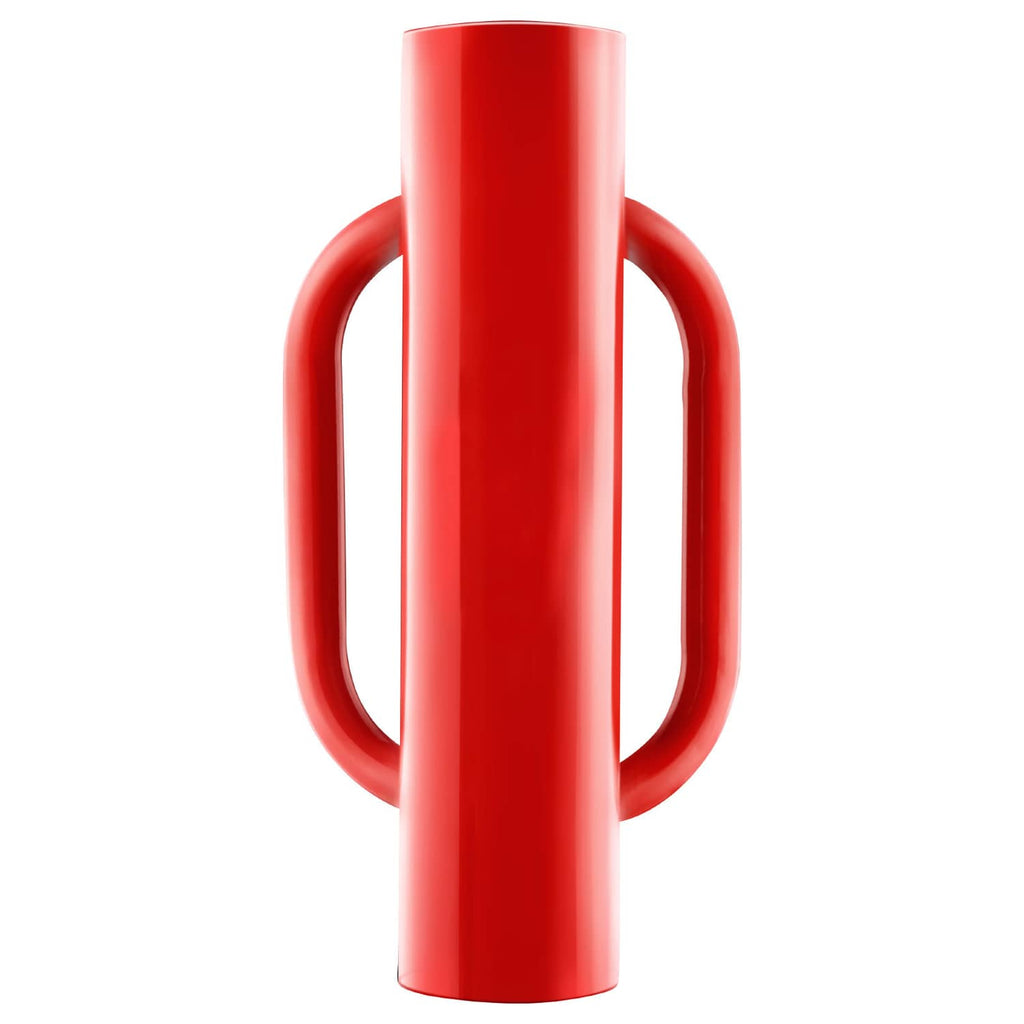 Red T-post pounder driver with dual side handles, centered front view