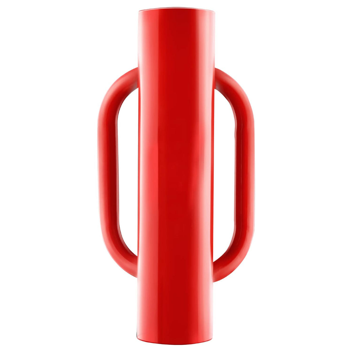 Red T-post pounder driver with dual side handles, centered front view
