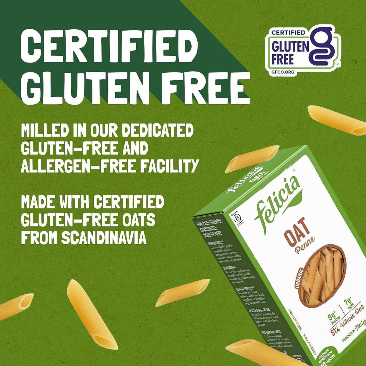 Felicia certified gluten-free oats pasta box with facility and ingredients icons