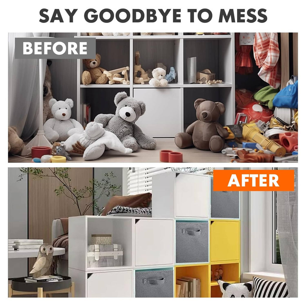 Gray fabric storage cubes with handles holding toys and supplies on shelves