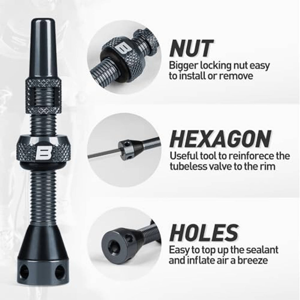 Gray Presta tubeless valve stem with textured collar and removable lock nut detail