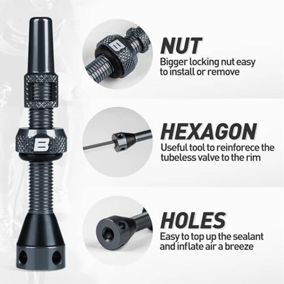 Gray Presta tubeless valve stem with textured collar and removable lock nut detail