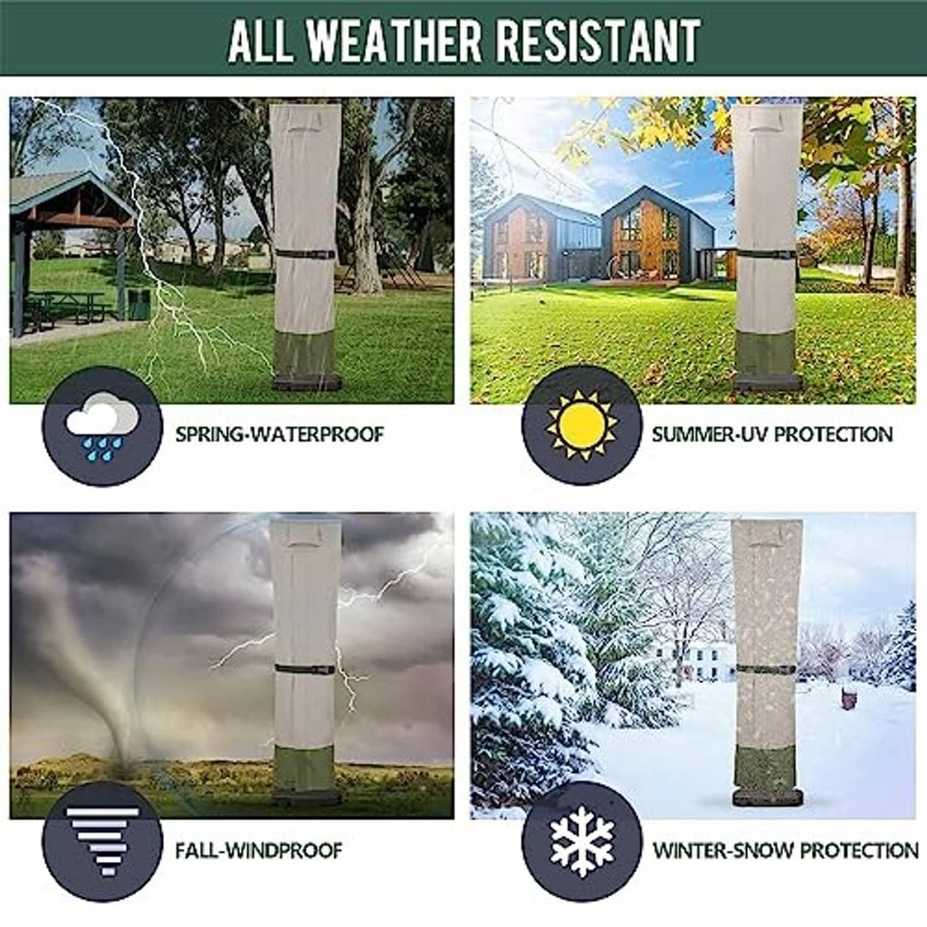 All-weather umbrella cover panel showing taupe cover with green bottom band