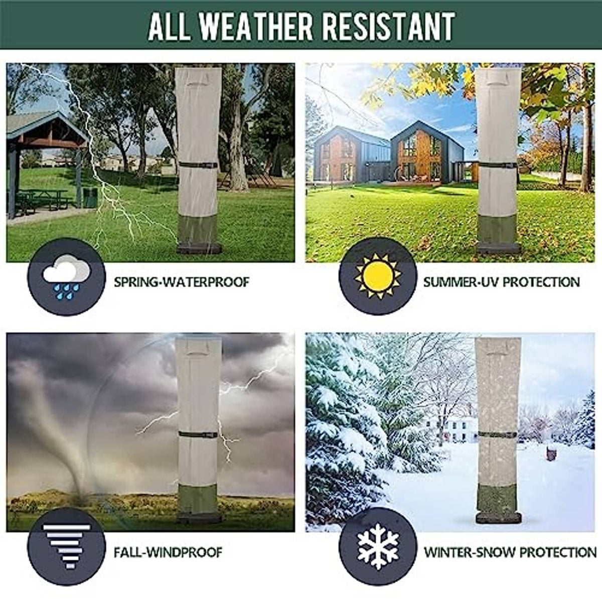 All-weather umbrella cover panel showing taupe cover with green bottom band