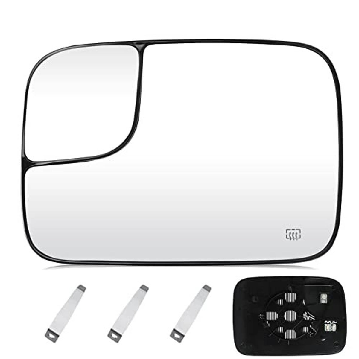 Heated left side mirror glass set with black border, mounting strips, and backing plate
