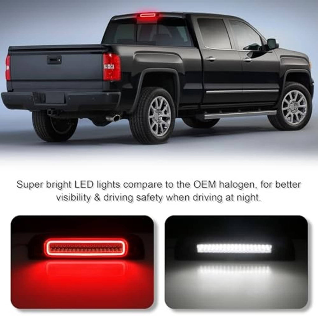Smoked LED third brake light on black pickup tailgate with red LED bar illuminated