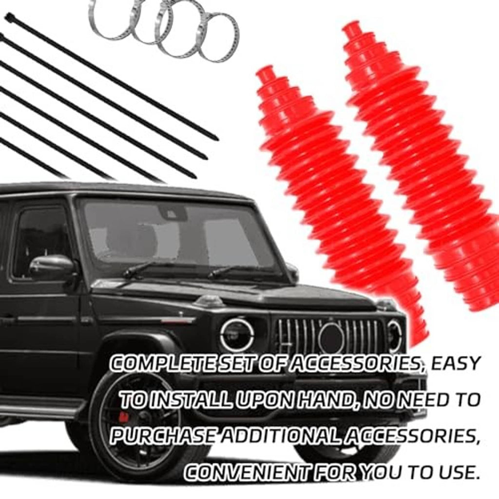 Universal steering rack boot kit with two red bellows, metal clamps, and black zip ties