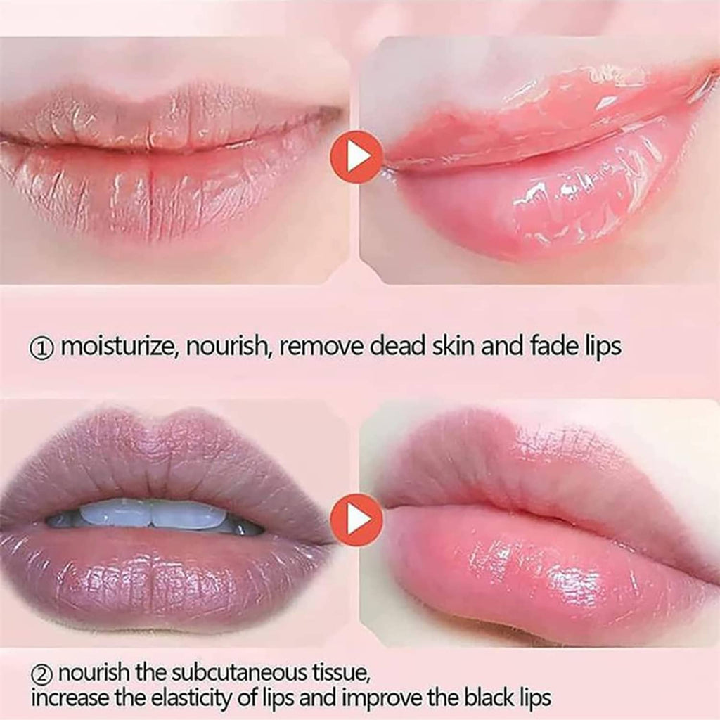 Glossy lips with lip mask balm in strawberry pink and propolis tones, split before/after