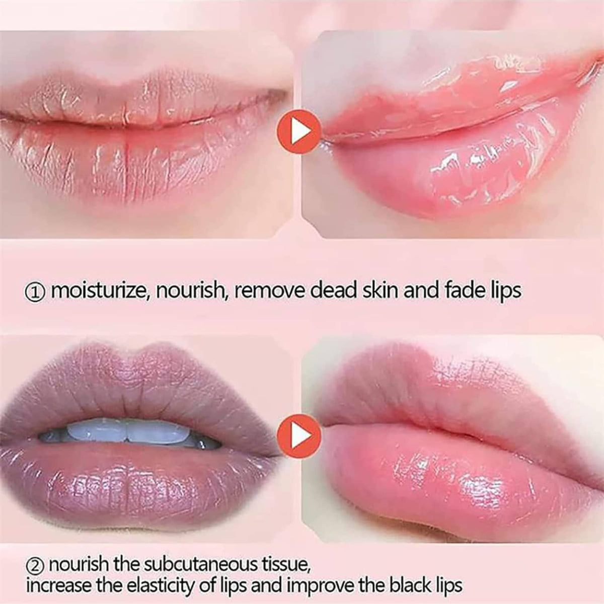 Glossy lips with lip mask balm in strawberry pink and propolis tones, split before/after