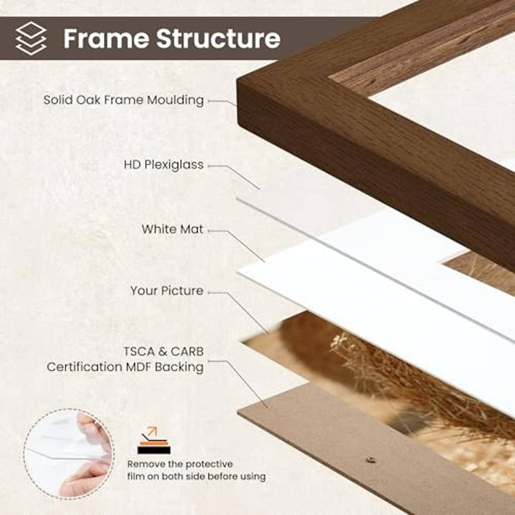 Oak wood frame molding with white mat and clear front panel, angled close-up