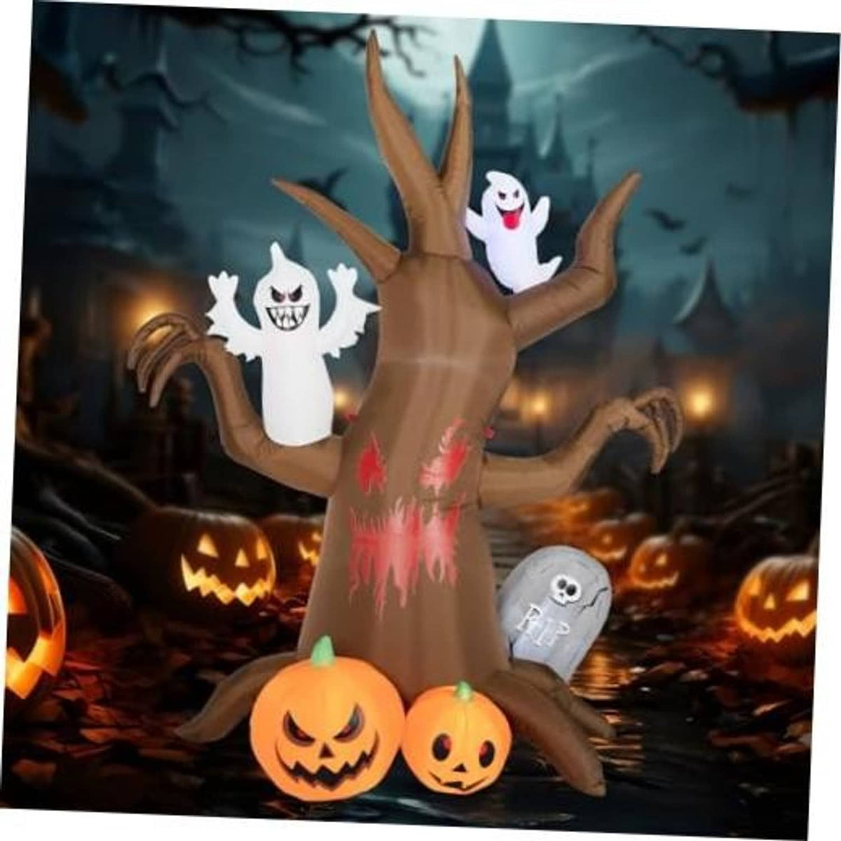 Inflatable Halloween haunted tree decoration with ghost figures and glowing jack-o-lanterns