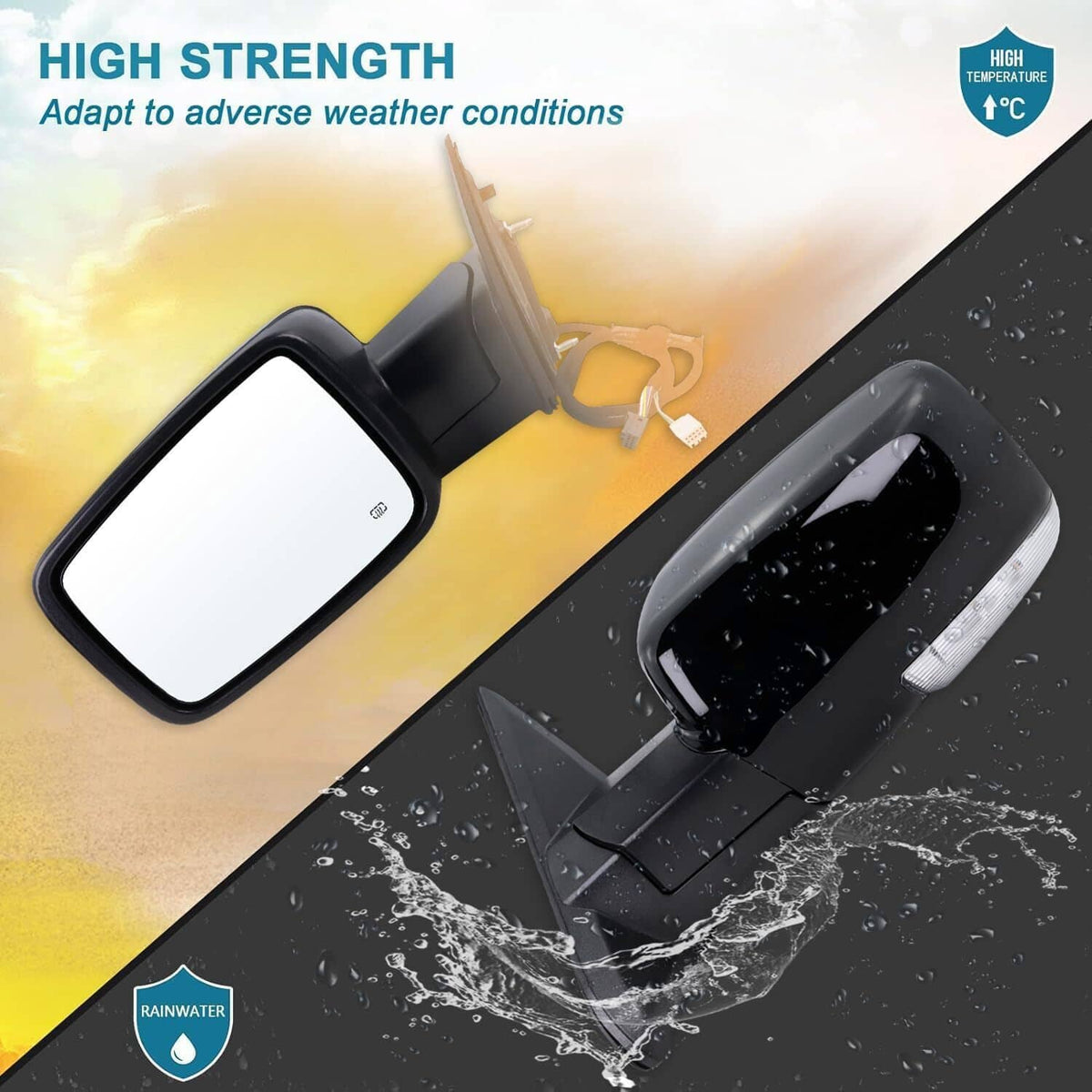 Heated side mirror with black housing, water-repellent design for rain conditions