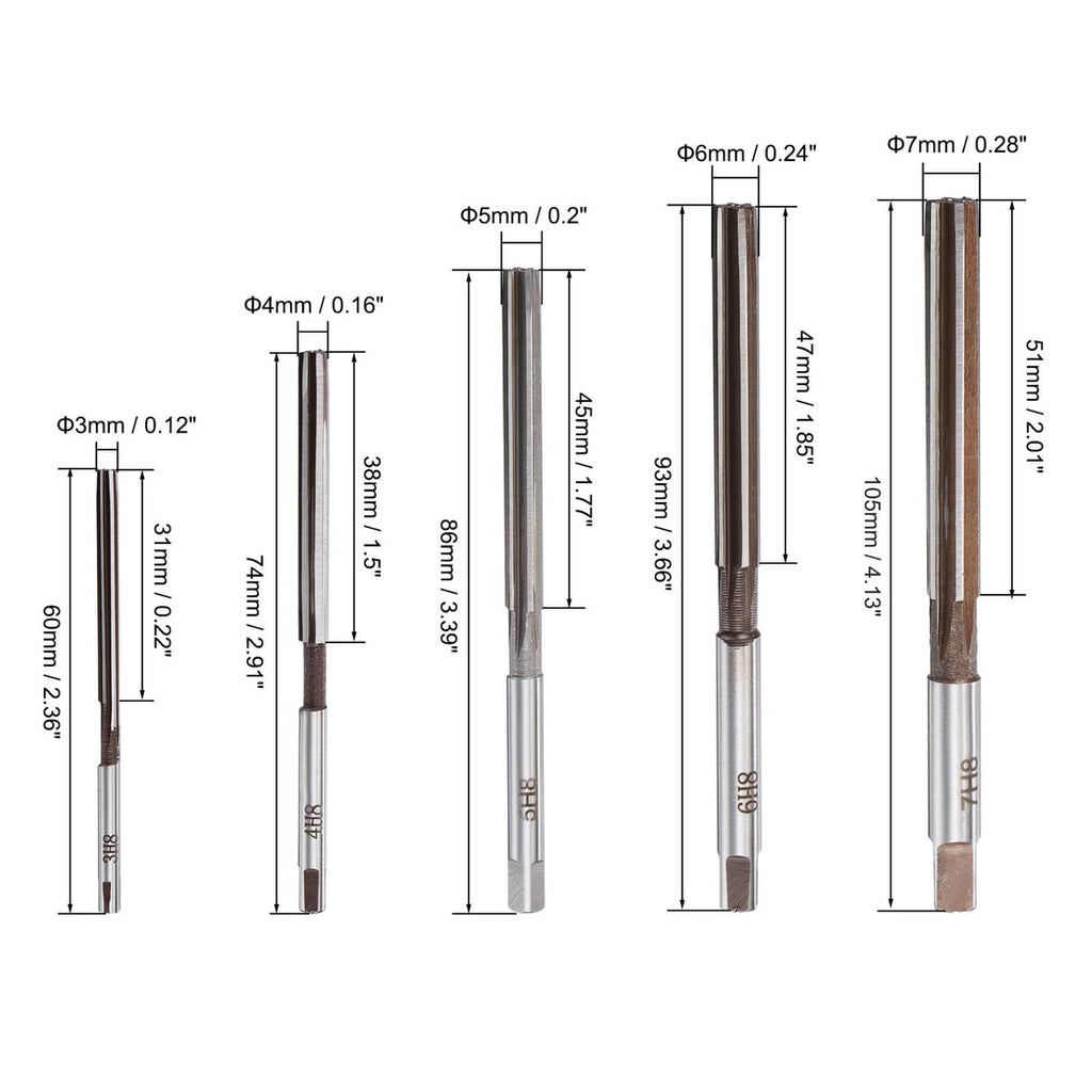 Hand reamers with straight shanks and fluted tips, marked with size specifications