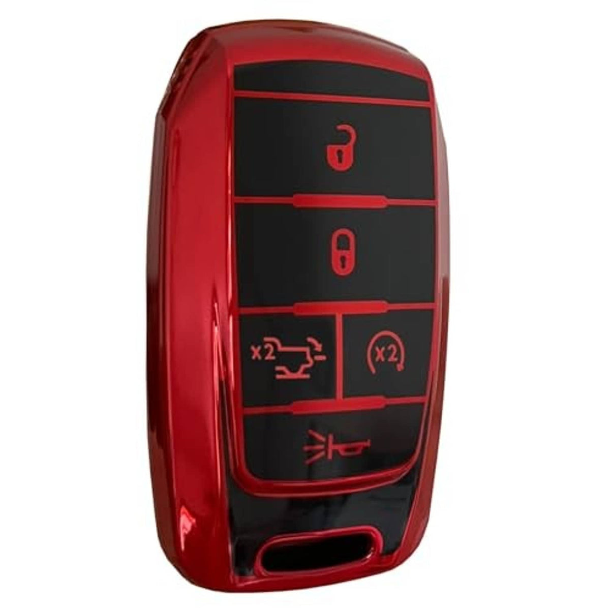 Red key fob shell cover with black face panel, button icons, and metal keyring loop.